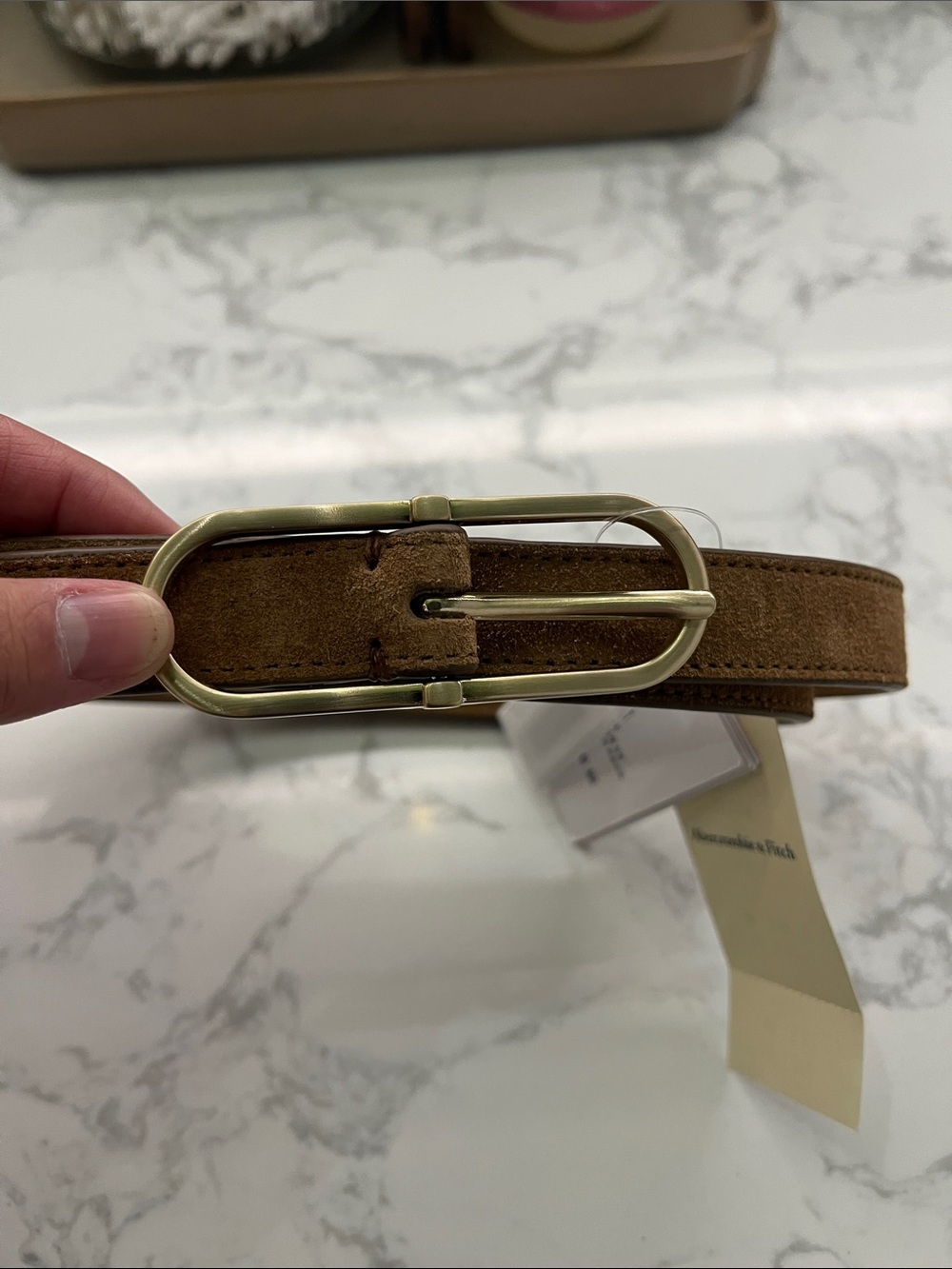 Abercrombie & Fitch Tan Suede Belt with Gold Oval Buckle